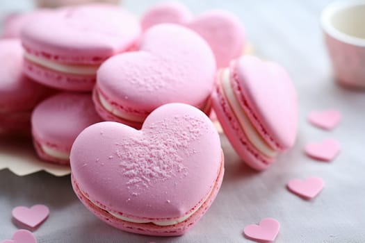 Tasty heart shaped macaroons on white background. AI Generated