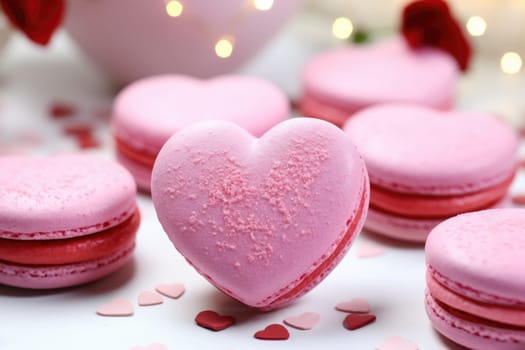 Tasty heart shaped macaroons on white background. AI Generated