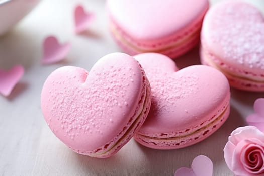 Tasty heart shaped macaroons on white background. AI Generated