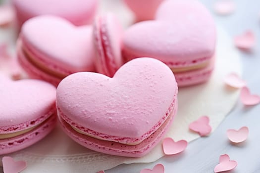 Tasty heart shaped macaroons on white background. AI Generated