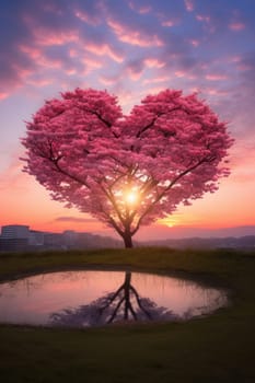 Valentine Day. Red Heart Shaped Tree on sunset. AI Generated