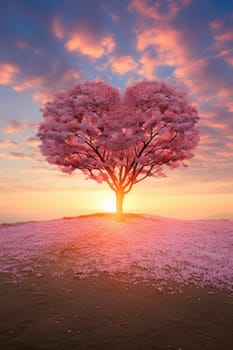 Valentine Day. Red Heart Shaped Tree on sunset. AI Generated