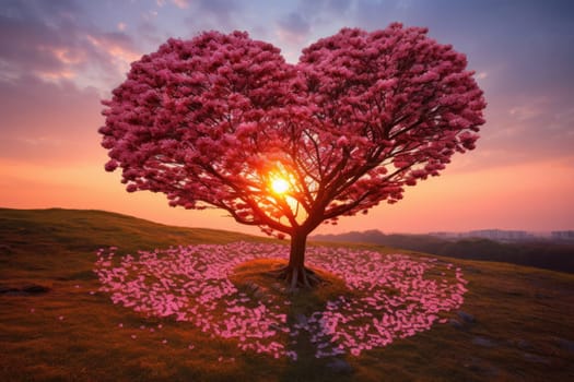 Valentine Day. Red Heart Shaped Tree on sunset. AI Generated