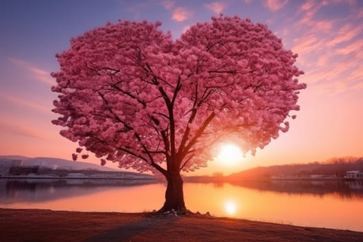 Valentine Day. Red Heart Shaped Tree on sunset. AI Generated