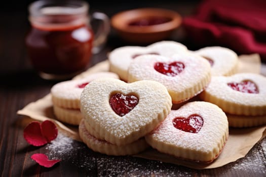 Decorated heart shaped cookie on wooden background for valentine day. AI Generated