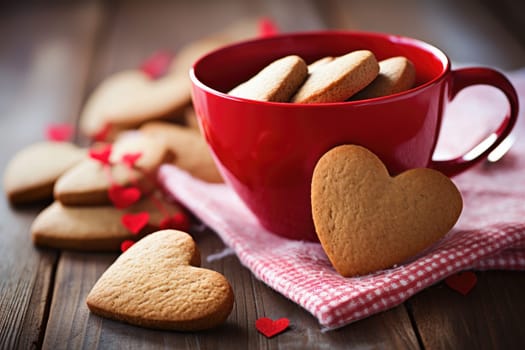 Decorated heart shaped cookie on wooden background for valentine day. AI Generated