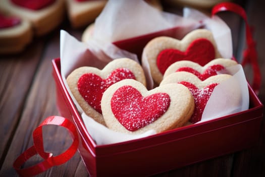 Decorated heart shaped cookie on wooden background for valentine day. AI Generated