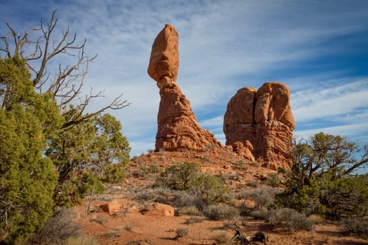 Balanced Rock, natural formation in Arches National Park, Utah, USA.