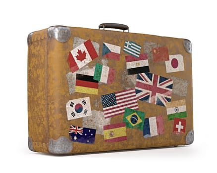 Antique suitcase with stamps flags representing each country traveled. Clipping path included.