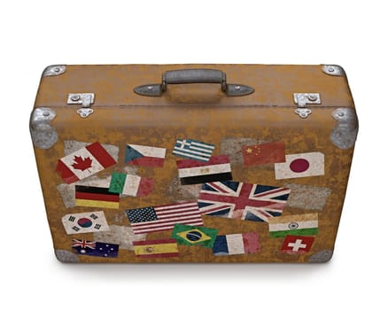 Antique suitcase with stamps flags representing each country traveled. Clipping path included.