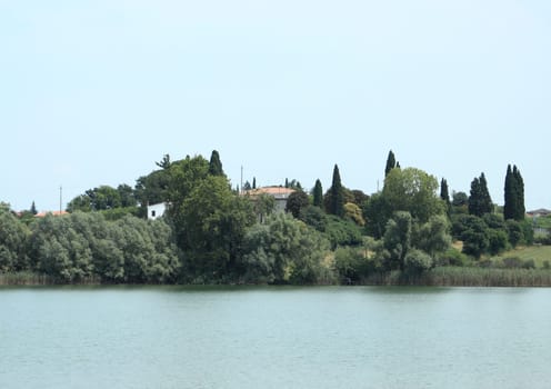 Hidden house in forest with lake view