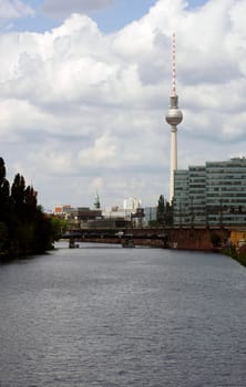 Berlin,Germany – June 17,2014: The Berlin TV Tower in fine weather over the River Spree on June 17,2014 in Berlin.