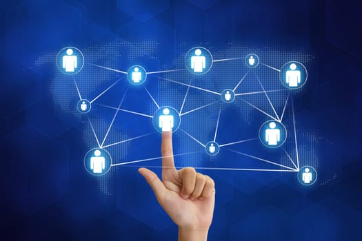 hand pushing organization networking with blue background
