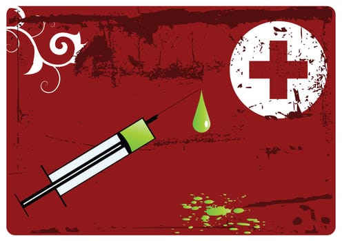 Grunge vector background -  big syringe with drip of something green