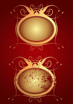 Golden ornamental frame on red background , with another grunge textured variation
