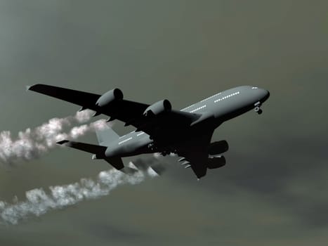 Big aircraft flying in the dark cloudy sky by night