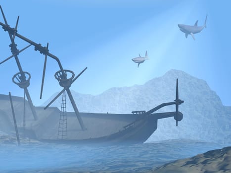 Old shipwreck underwater and two sharks coming in raylight