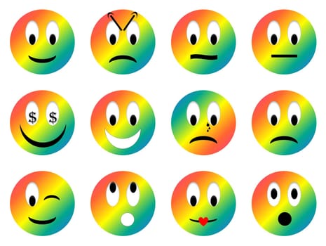 Set of rainbow smiley with different emotions in white background