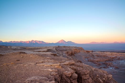 Sunset in San Pedro de Atacama with a view of Licancabur Volcano in Chile