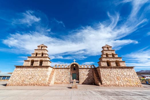 Historic colonial church in small town of San Cristobal, Bolivia near Uyuni
