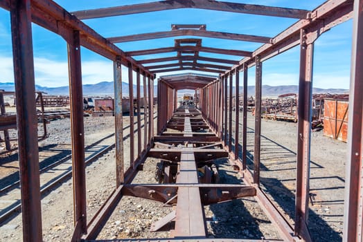 Remains of a train carriage at the Train Cemetery in Uyuni, Bolivia