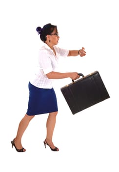 A Chinese business woman running late with a briefcase in her hand,.isolated for white background..