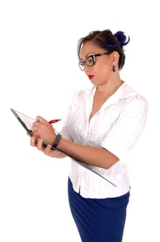 A lovely Asian business woman with a clip board in her hand isolated.for white background..