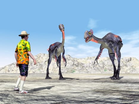 Computer-generated 3D illustration with a tourist and the dinosaur Gigantoraptor