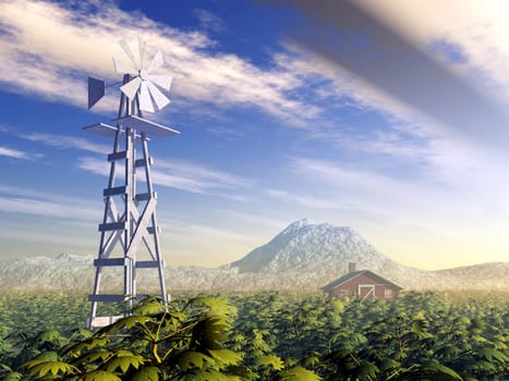 Computer-generated 3D illustration with a Western wind turbine