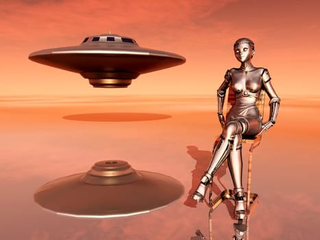 Computer-generated 3D illustration with a spaceship and a female robot