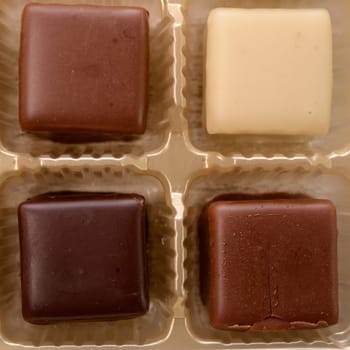 Sweet chocolate dices in a box ,top view