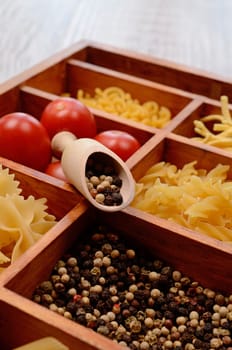 Pasta ingredients in a wooden box
