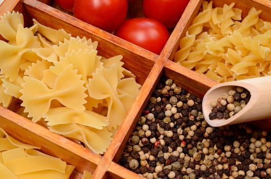 Pasta ingredients in a wooden box