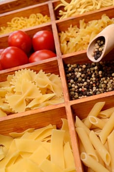 Pasta ingredients in a wooden box