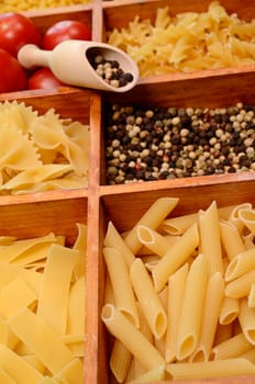 Pasta ingredients in a wooden box