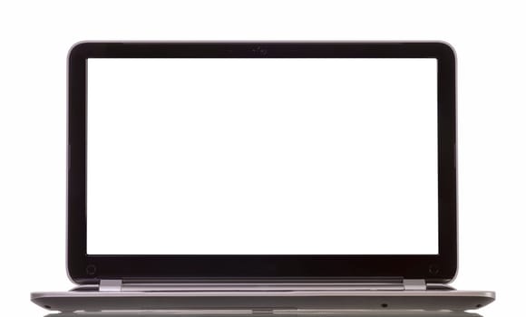 laptop with blank white screen on white background