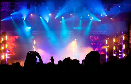 Cheering crowd in front of bright colorful stage lights