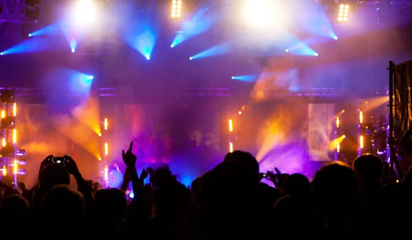 Cheering crowd in front of bright colorful stage lights