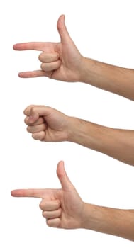 Three differents hand signs isolated on white