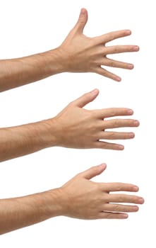 Three open hands on differents possitions. Isolated on white background