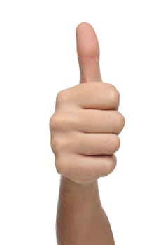 Male hand sign with thumb up. Isolated concept