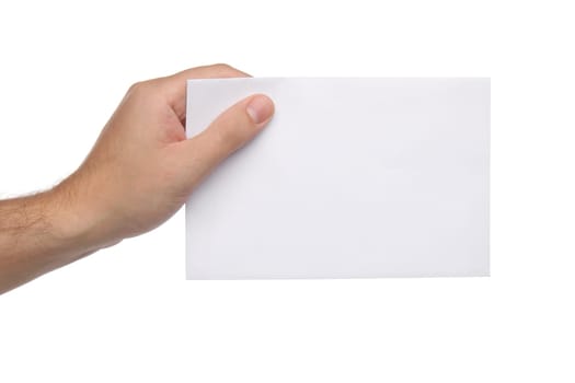 Male hands holding blank paper isolated on white background