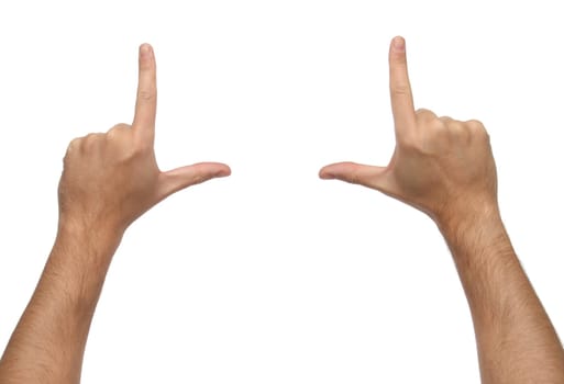 Male hands framing composition. Isolated on white background