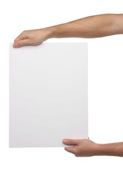 Male hands holding blank paper isolated on white background