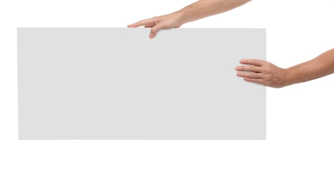 Male hands holding blank paper isolated on white background