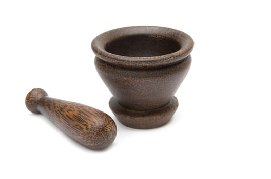 Handmade wooden mortar isolated on white background
