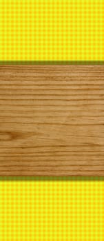 Yellow-orange checkered tablecloth with wooden board