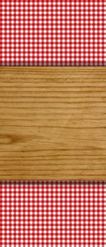Red checkered background with wooden board