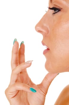 A closeup picture of part of the face of a pretty woman holding her hand.on her face, isolated on white background..