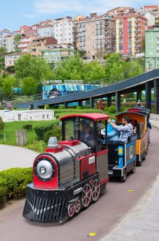 Touristic train in Miniaturk park in istanbul, the largest miniature park in the world. The park contains 105 buildings, each replicated on a scale of 1